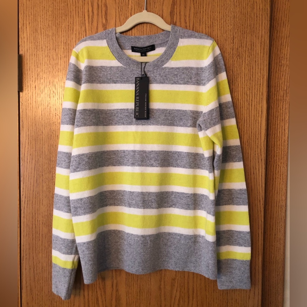 Banana Republic Women’s Striped Merino Crewneck Sweater - Gray, White & Yellow